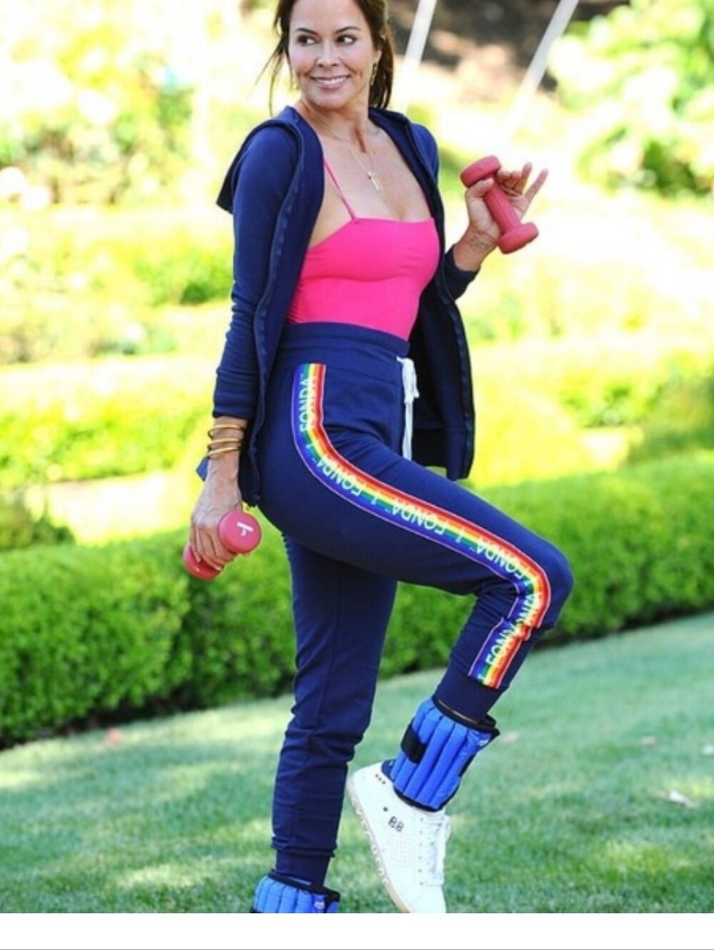 Jane Fonda Made In USA Navy Rainbow Fleece Workout Jogger Large Like New